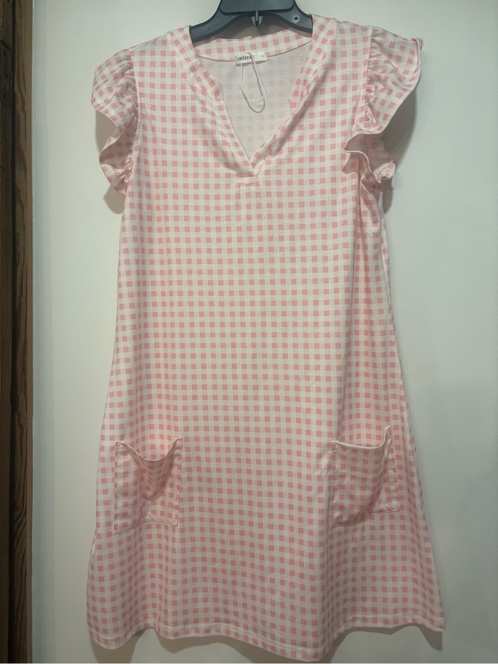 Ladies Pink Gingham V-Neck Ruffle Sleeve Dress - Never Worn